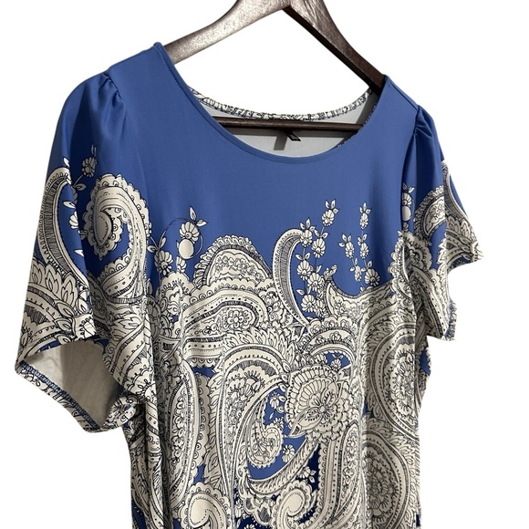 Talbots Effortless Jersey Shift Paisley Blue and White Midi Dress Size 1XP - Picture 9 of 10